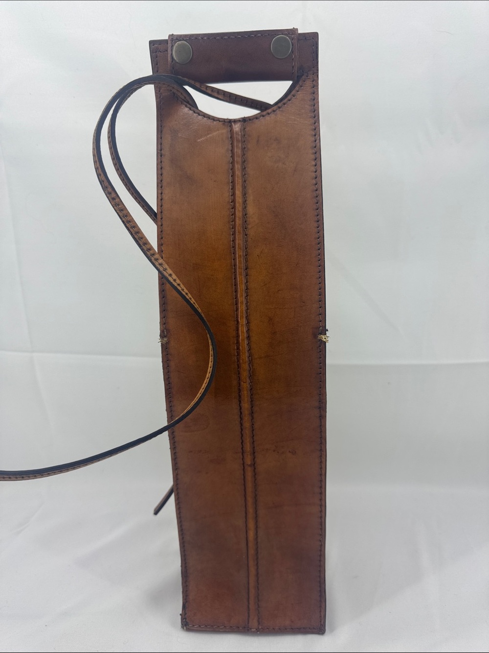 Cognac Brown Handcrafted Leather Wine Carrier Bag, Snap Handle Strap, Gift Tote